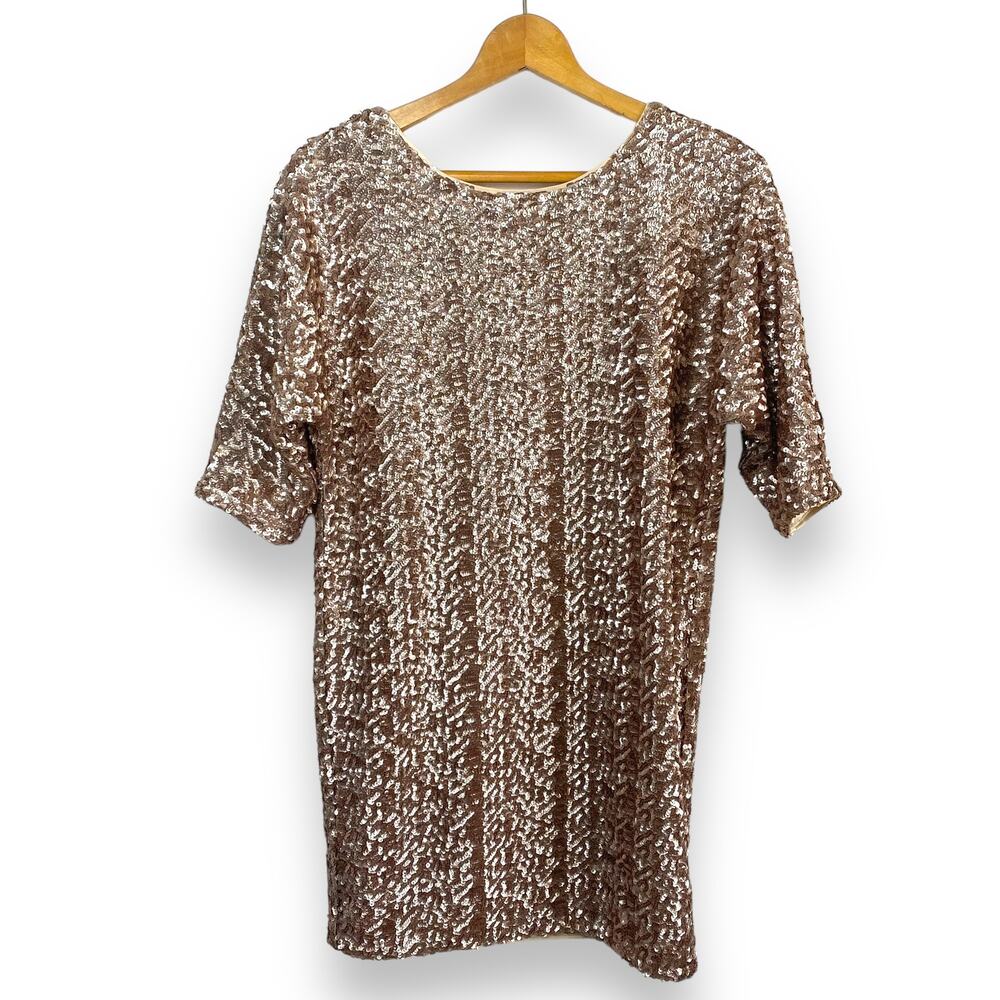 Rachel Zoe Rose Gold Glitter Sequin Scoop Back Shift Cocktail Formal Mini Dress